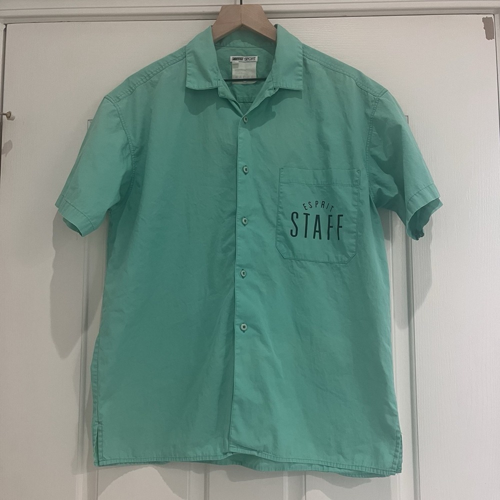 VTG Rare Esprit Staff Sport Button Short Sleeve Shirt L Teal Pocket 100% Cotton